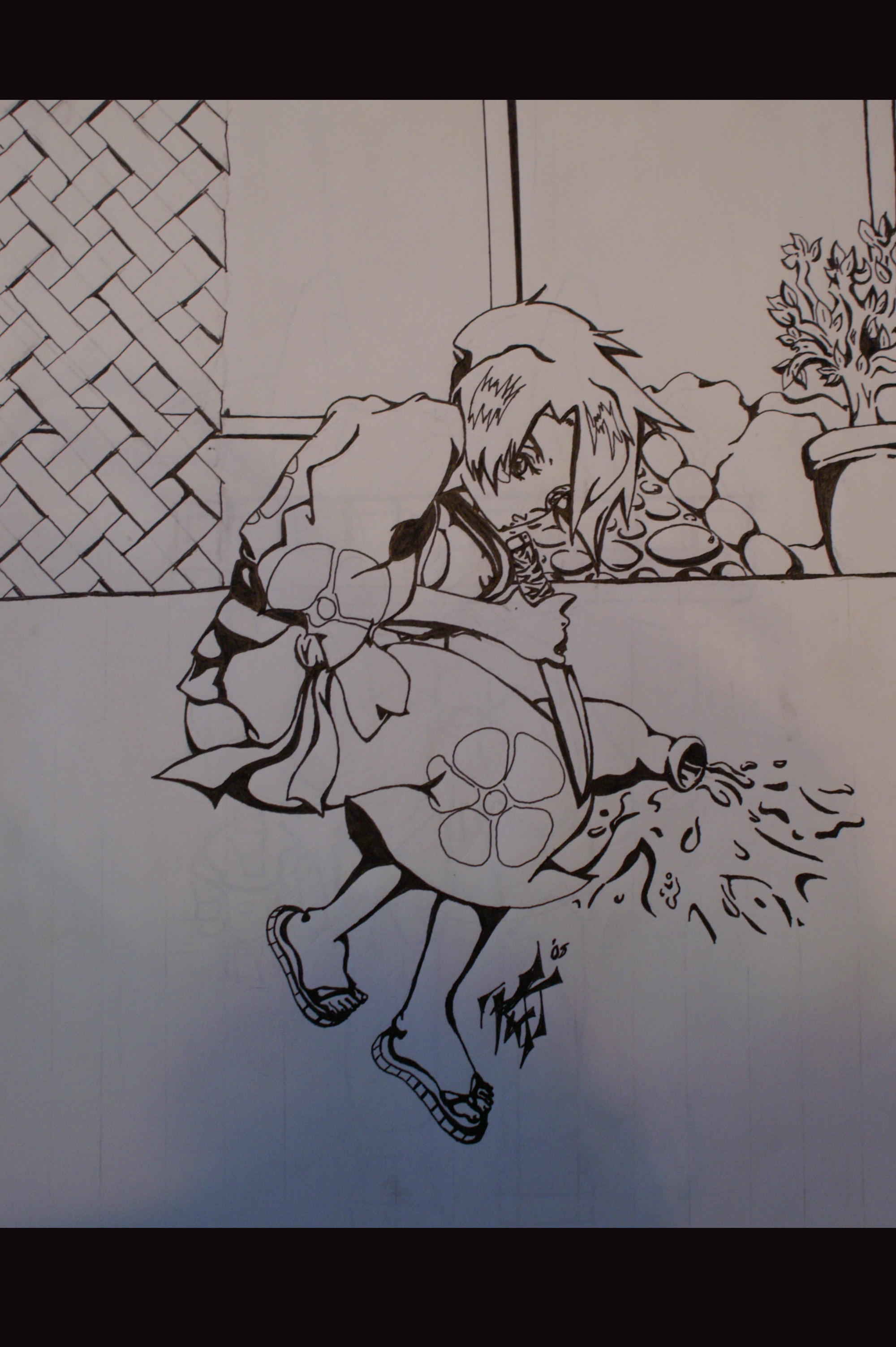 sos-art (artist), fuu, samurai champloo, absurdres, highres, scan, japanese clothes, kimono, knife, monochrome, nipple slip, nipples