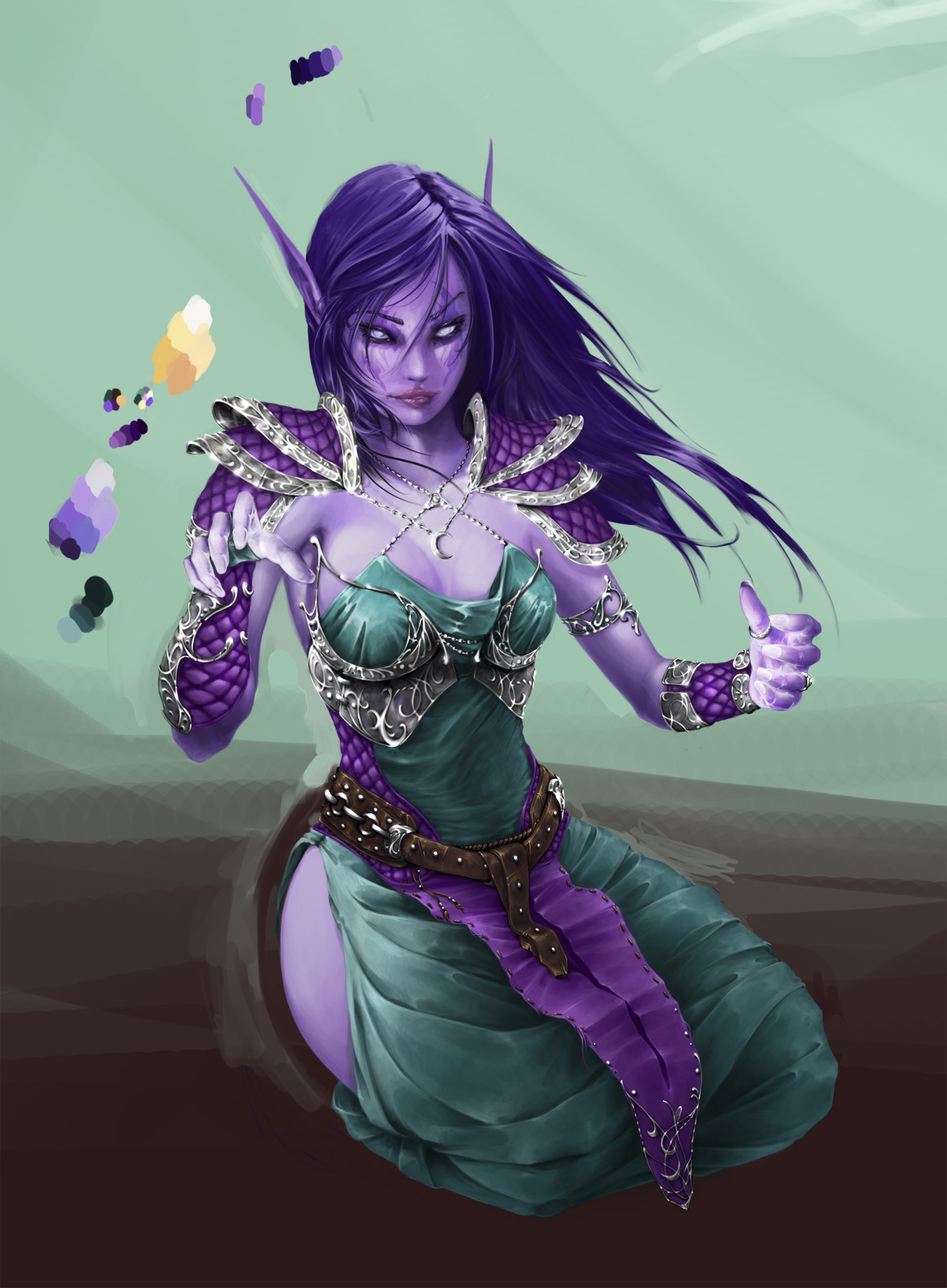 night elf (warcraft), tyrande whisperwind, warcraft, world of warcraft, highres, armlet, armor, bracer, dress, elf, grey eyes, jewelry, long hair, necklace, pointy ears, purple hair, purple skin, sitting, smile
