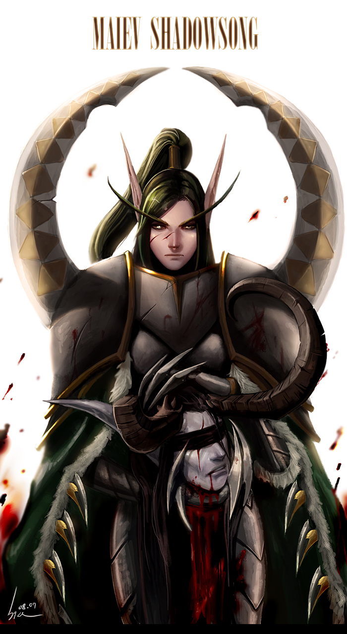 illidan stormrage, maiev shadowsong, night elf (warcraft), warcraft, world of warcraft, highres, armor, blood, cape, claws, elf, gauntlets, green hair, grey eyes, horns, long hair, pointy ears, ponytail