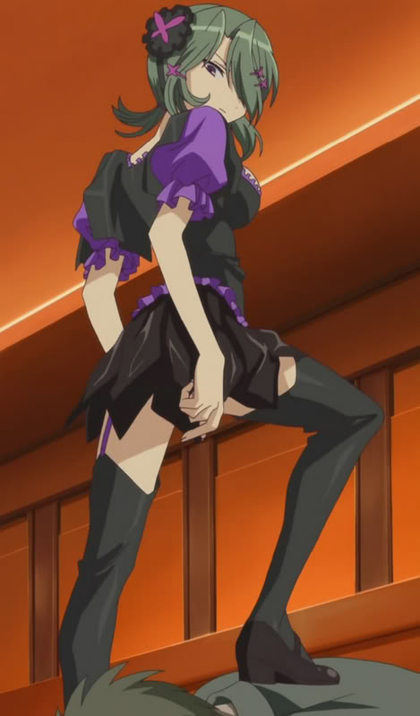 yoimachi koyomi, zombie loan, screencap, trampling, 00s, from below, green hair, looking back, purple eyes, thighhighs