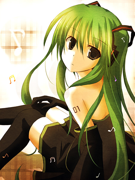 mashayuki, hatsune miku, vocaloid, tagme, brown eyes, green hair, solo, thighhighs, twintails
