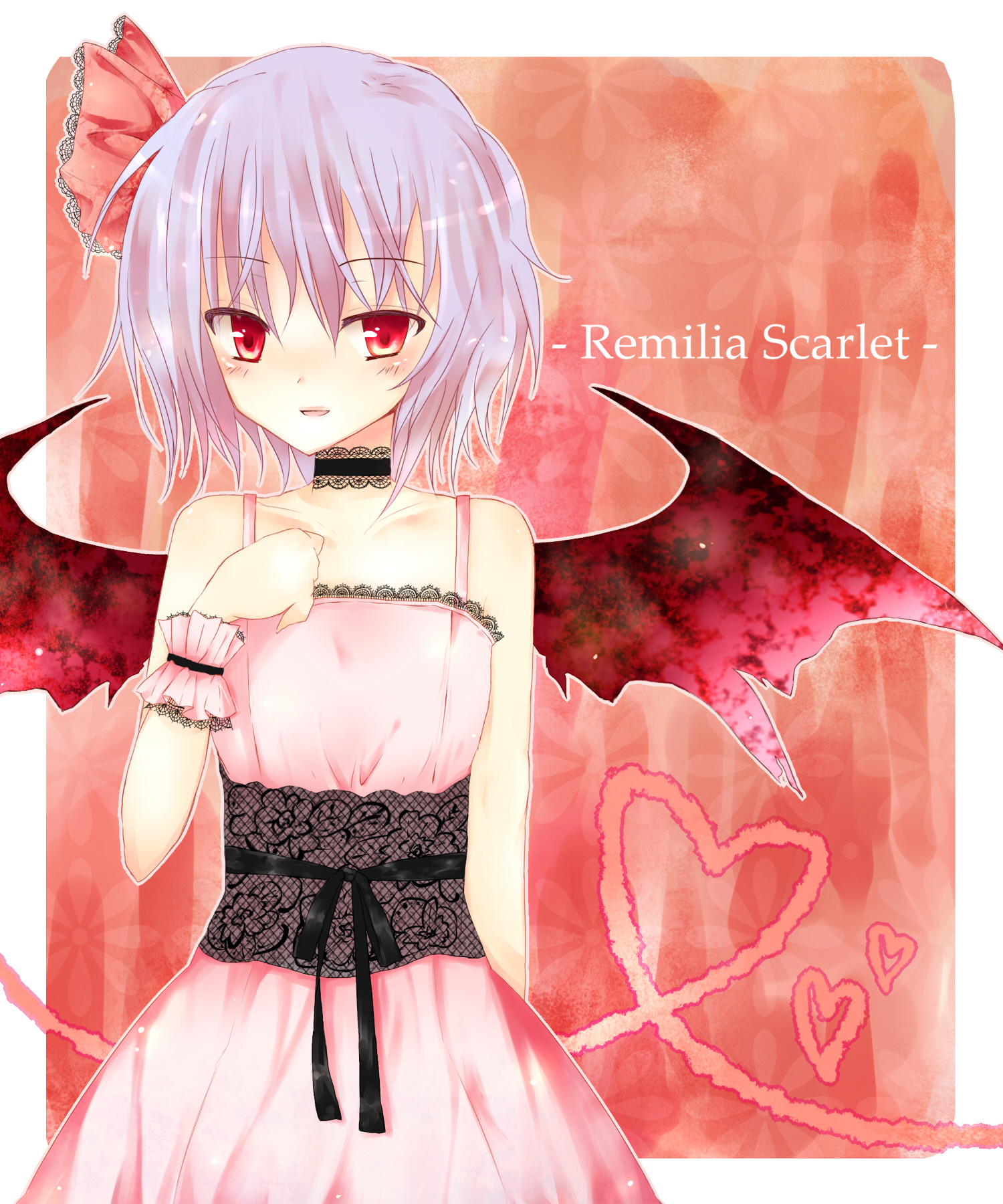 hane riu, remilia scarlet, touhou, bad id, bad pixiv id, highres, 1girl, bat wings, blue hair, female focus, hair ribbon, red eyes, ribbon, short hair, solo, standing, wings