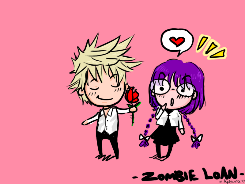 akatsuki chika, kita michiru, zombie loan, 00s, blonde hair, blush, braid, chibi, closed eyes, flower, glasses, heart, purple hair, rose, smile, twin braids