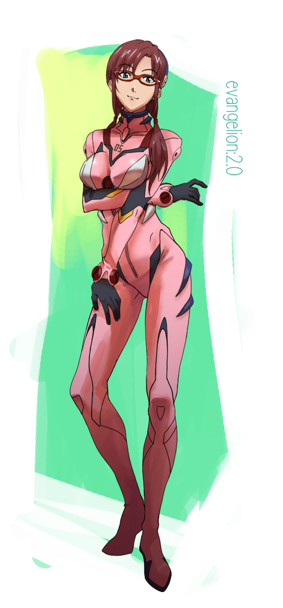 gusan, makinami mari illustrious, evangelion: 2.0 you can (not) advance, neon genesis evangelion, rebuild of evangelion, artist request, highres, 00s, 1girl, blue eyes, breasts, brown hair, female focus, full body, glasses, hairband, large breasts, legs, long hair, mecha pilot suit, plugsuit (evangelion), smile, solo, standing, twintails
