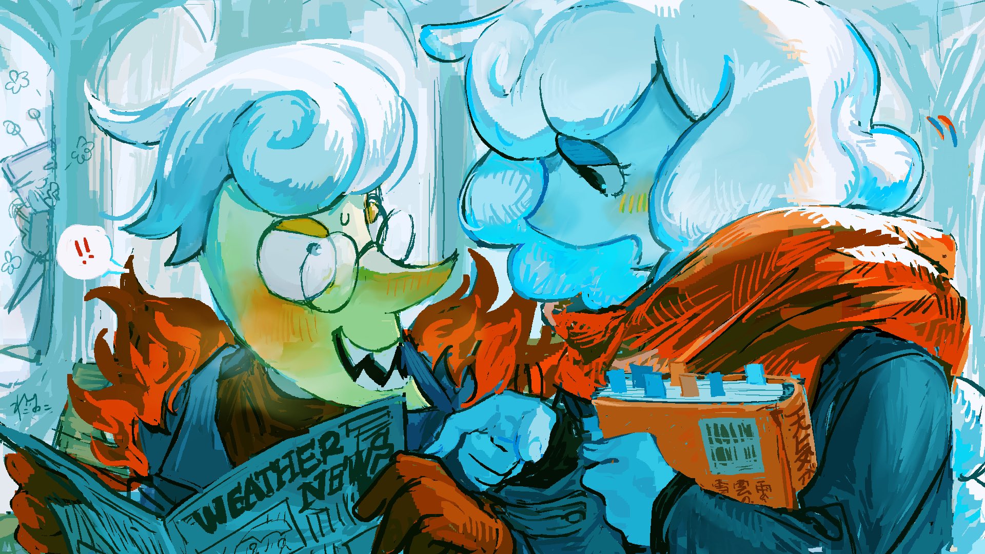 ant tenna, elnina (deltarune), lanino (deltarune), deltarune, utdr (toby fox), commentary request, highres, !, !!, 1girl, 2boys, black-framed eyewear, black eyes, blue jacket, blue skin, blush, book, colored skin, constricted pupils, glasses, gloves, holding, holding book, holding newspaper, jacket, looking at another, multiple boys, nekoneko (nekonoko kinoko), newspaper, nose blush, open mouth, peeking, pointy nose, red gloves, red scarf, round eyewear, scarf, sharp teeth, spoken exclamation mark, teeth, white hair, yellow skin