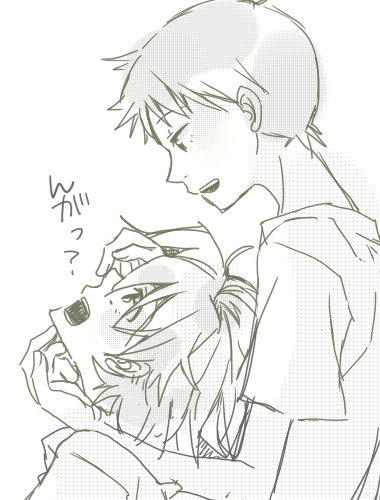 ikari shinji, nagisa kaworu, neon genesis evangelion, lowres, non-web source, 2boys, greyscale, male focus, monochrome, multiple boys