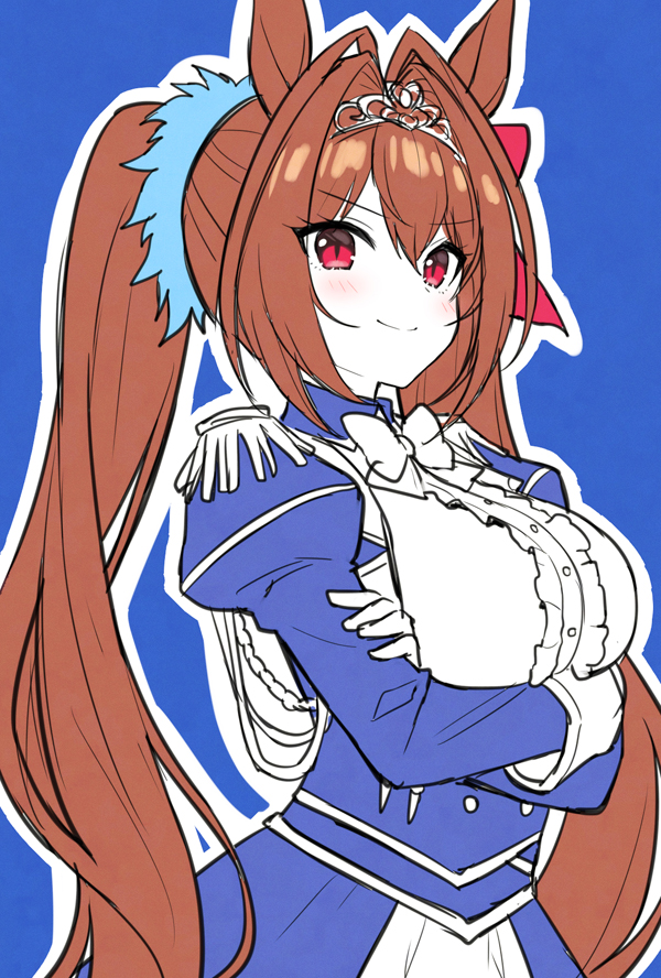 mauve, daiwa scarlet (peak blue) (umamusume), daiwa scarlet (umamusume), umamusume, commentary request, 1girl, animal ears, arms under breasts, blue background, blue dress, bow, bowtie, breasts, brown hair, center frills, closed mouth, cowboy shot, crossed arms, dress, epaulettes, frills, hair between eyes, hair ornament, hair scrunchie, horse ears, horse girl, juliet sleeves, long hair, long sleeves, looking at viewer, medium breasts, outline, puffy sleeves, red eyes, scrunchie, smile, solo, tiara, twintails, very long hair, weapon, white outline