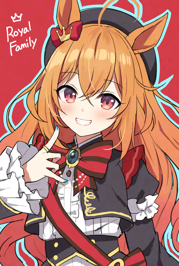 mauve, the royal family (tv series), 1girl, ahoge, animal ears, armband, beret, black gem, black jacket, blush, bow, breasts, ear bow, frilled armband, frilled shirt, frills, gem, grin, hair between eyes, hair ornament, hat, horse ears, horse girl, jacket, jewelry, long hair, long sleeves, looking at viewer, open mouth, orange hair, red bow, red sash, ribbon, ring, royal family (the royal family), sash, shirt, smile, teeth, white shirt