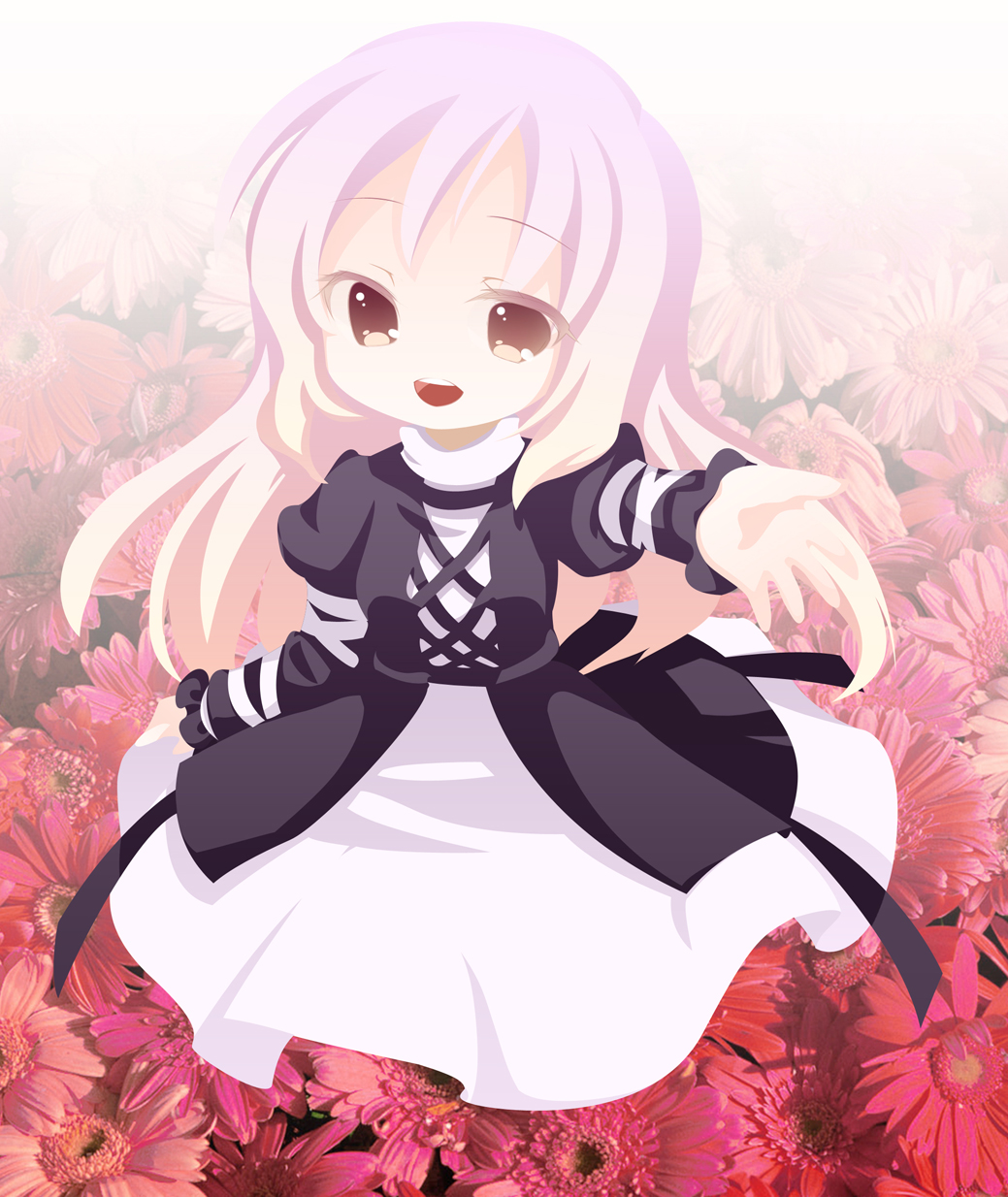 curtain (posuinochuanglian), hijiri byakuren, touhou, highres, 1girl, chibi, colored eyelashes, dress, eyelashes, female focus, flower, gradient background, gradient hair, long hair, multicolored hair, nature, no nose, open mouth, outstretched arm, outstretched hand, plant, red eyes, smile, solo, white background