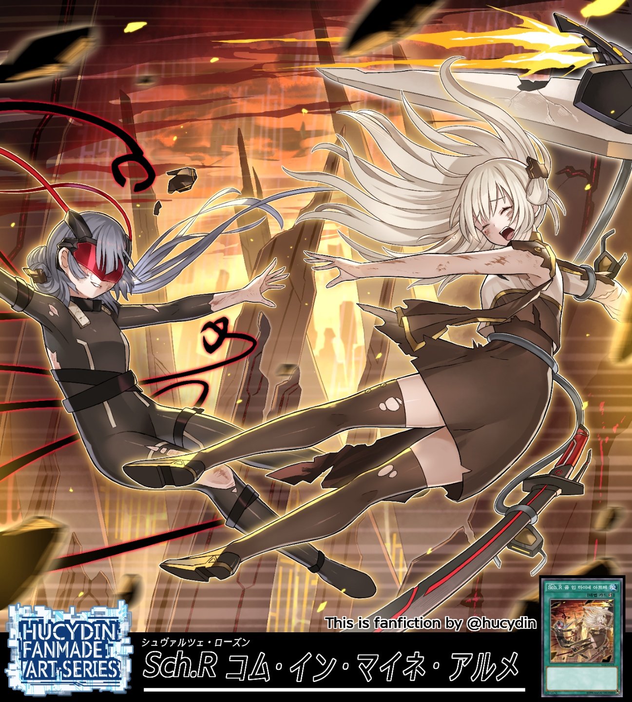 hucydin, sky striker ace – raye, sky striker ace – roze, yu-gi-oh!, highres, tagme, 2girls, assault visor, blonde hair, bodysuit, dress, duel monster, grey hair, long hair, multiple girls, official style, open mouth, red visor, science fiction, twintails, twitter username, weapon