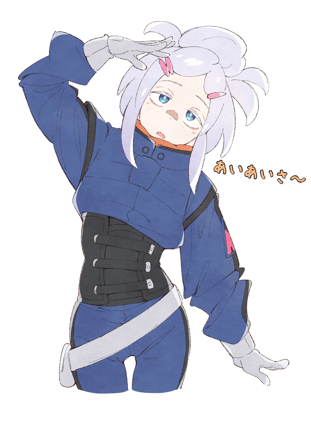 eitopondo, deux murasame, gundam, gundam gquuuuuux, commentary request, highres, 1girl, aqua eyes, blue coat, blue jacket, blue pants, coat, cropped legs, freckles, gloves, grey hair, hair ornament, hairclip, jacket, long sleeves, mecha pilot suit, normal suit (gundam), open mouth, pants, short hair, simple background, solo, white background, white gloves