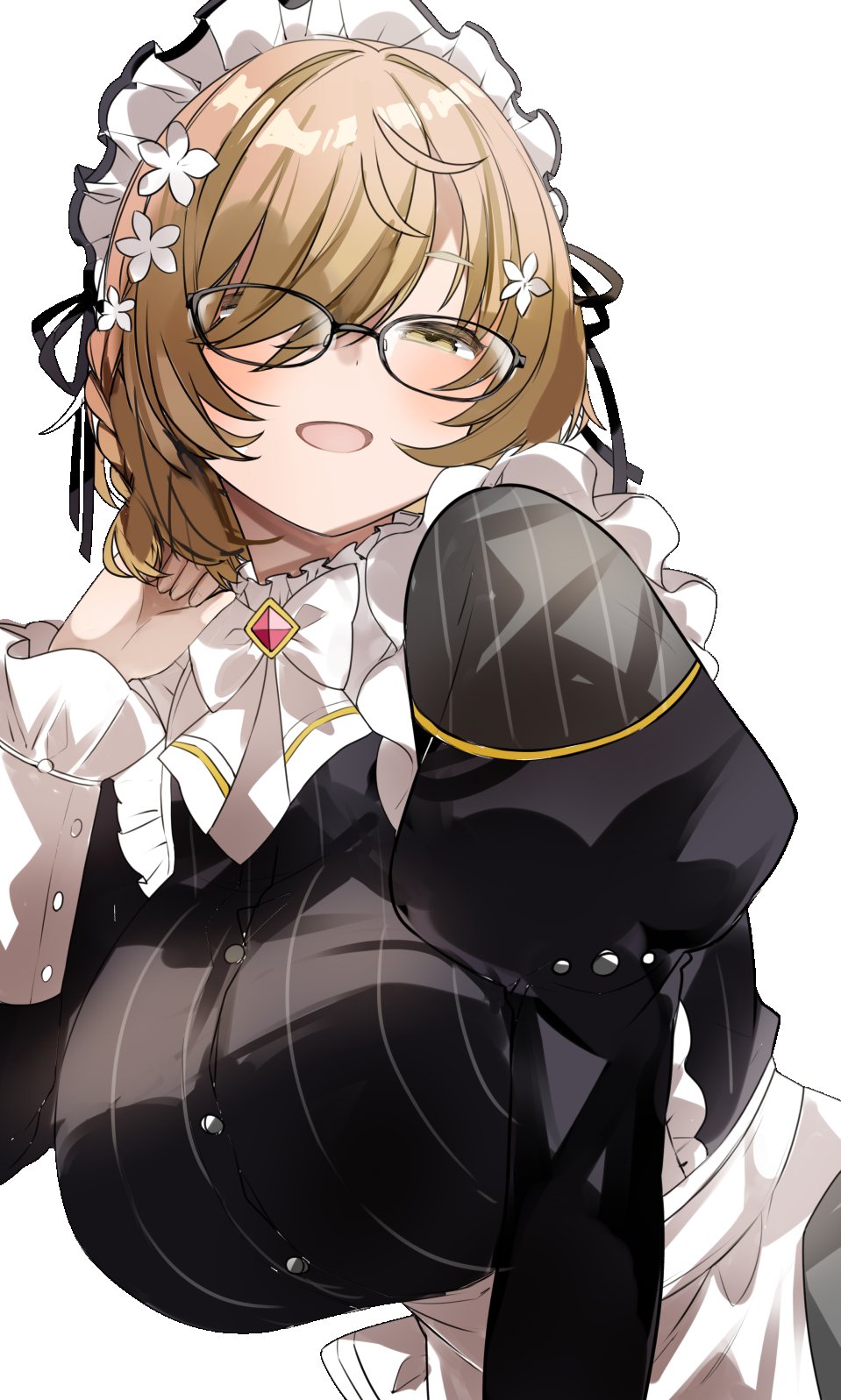 urabanasimati, klara charmwood, klara charmwood (1st costume), nijisanji, nijisanji en, commission, highres, second-party source, skeb commission, 1girl, braid, breasts, flower, glasses, hair flower, hair ornament, hair over one eye, huge breasts, juliet sleeves, long sleeves, maid, maid headdress, open mouth, puffy sleeves, simple background, solo, virtual youtuber, white background