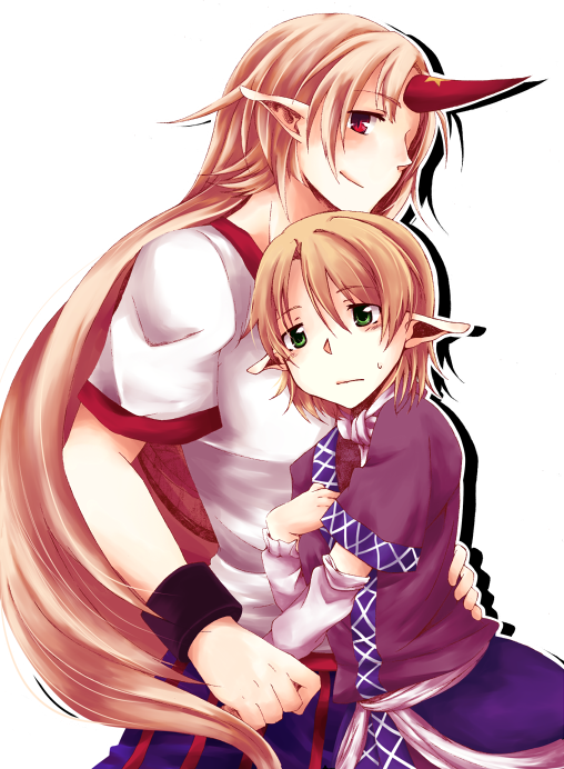 safai, hoshiguma yuugi, mizuhashi parsee, touhou, bad id, bad pixiv id, 2girls, arm warmers, blonde hair, female focus, green eyes, horns, long hair, multiple girls, pointy ears, red eyes, scarf, shirt, short hair, short sleeves, single horn, smile, sweatdrop, transparent background, white shirt