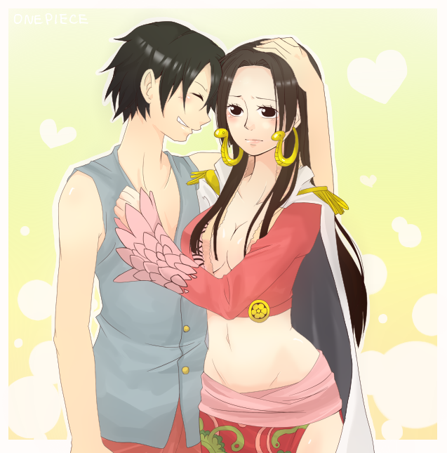 kiro taoru, boa hancock, monkey d. luffy, one piece, hand on head, bad id, bad pixiv id, 1boy, 1girl, amazon lily, black eyes, black hair, blush, breasts, cape, cleavage, couple, earrings, epaulettes, grin, groin, hat, headpat, hetero, jewelry, large breasts, long hair, midriff, scar, smile, straw hat