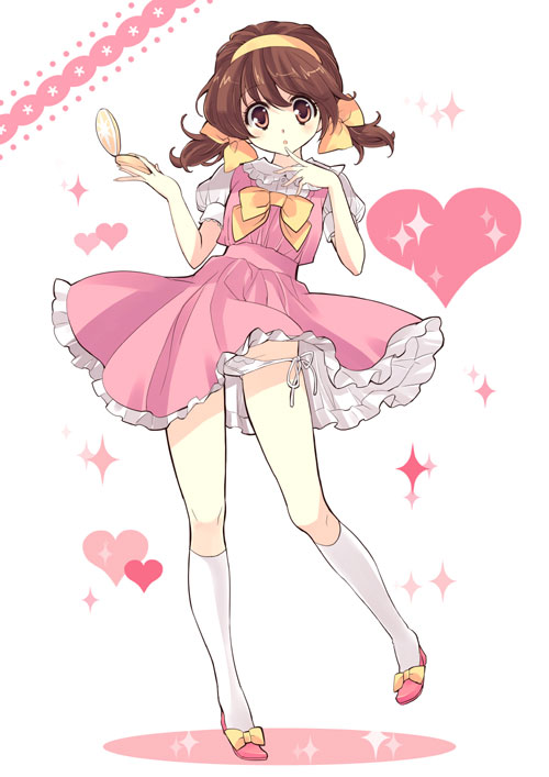 yukiwo, kagami atsuko, himitsu no akko-chan, white legwear, :o, blush, bow, brown hair, clothes lift, compact, dress, dress lift, embarrassed, finger to mouth, fingernails, flat chest, frills, hair bow, hairband, heart, high heels, kneehighs, leg lift, legs, long fingernails, looking at viewer, lowleg, lowleg panties, panties, pantyshot, pink eyes, pointing, shoes, short dress, short hair, short twintails, side-tie panties, socks, solo, sparkle, standing, standing on one leg, surprised, twintails, underwear, white panties, wind, wind lift