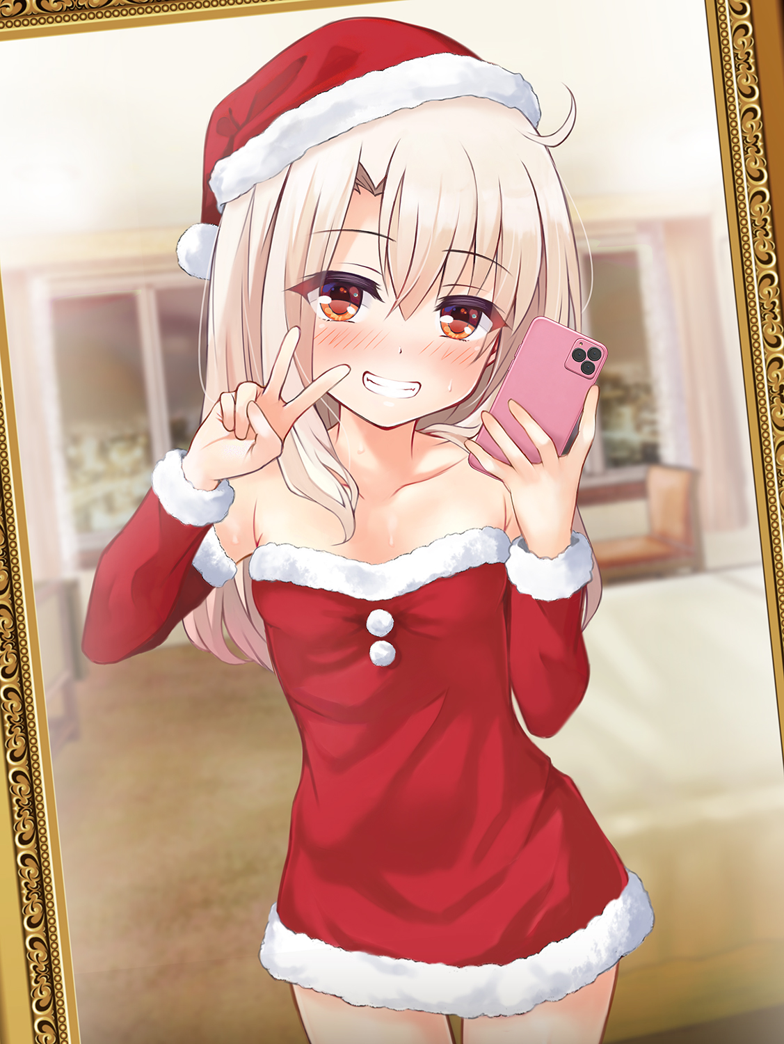 mochi (k620803n), illyasviel von einzbern, fate/kaleid liner prisma illya, fate (series), commentary request, highres, paid reward available, 1girl, bare shoulders, blush, breasts, cellphone, collarbone, dress, grin, hat, long hair, looking at viewer, phone, red eyes, santa costume, santa hat, selfie, small breasts, smile, solo, v