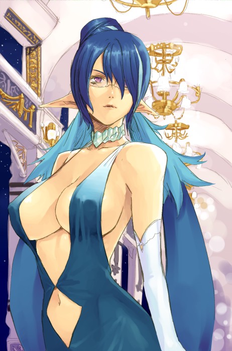 natsuhiko, judith (tales), tales of (series), tales of vesperia, 00s, 1girl, argyle clothes, blue hair, breasts, center opening, choker, cleavage, clothing cutout, diamond cutout, dress, elbow gloves, evening gown, female focus, glasses, gloves, large breasts, navel, official alternate costume, pointy ears, purple eyes, sideboob, solo, underboob