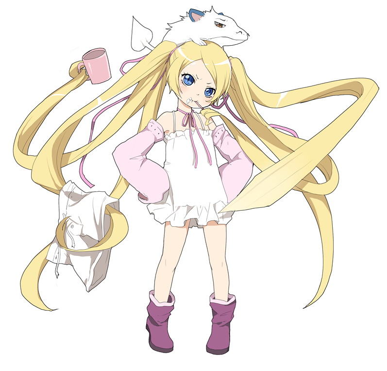 kurot, niche (tegami bachi), steak (tegami bachi), tegami bachi, md5 mismatch, 00s, 1girl, animal, blonde hair, blue eyes, brushing teeth, cup, dressing, female focus, flat chest, long hair, long sleeves, mug, prehensile hair, sleeves past wrists, solo, toothbrush, very long hair