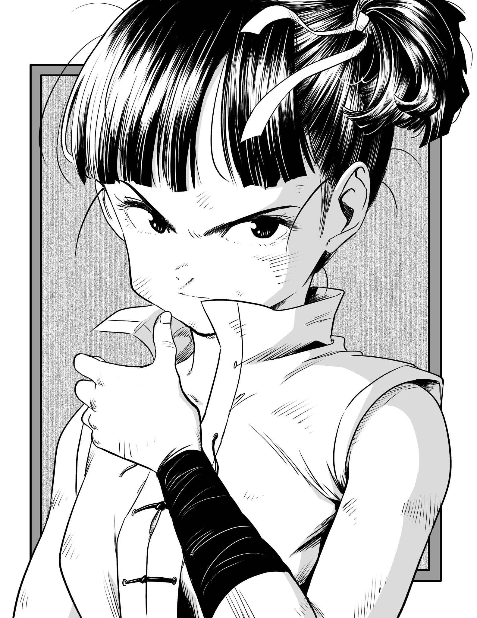 lee (dragon garou), original, commentary request, highres, 1girl, breasts, chinese clothes, dirty, dirty face, hair ribbon, medium breasts, ribbon, serious, short twintails, sleeveless, solo, twintails, upper body, v-shaped eyebrows