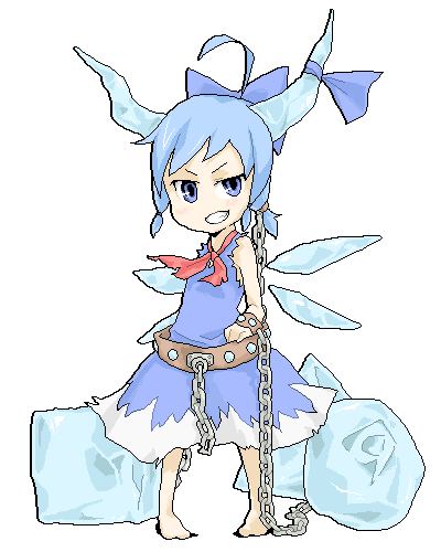 poketto, cirno, ibuki suika, touhou, lowres, barefoot, blue eyes, blue hair, bow, chain, circled 9, cosplay, hair bow, horns, ibuki suika (cosplay), ice, short hair, solo, wings