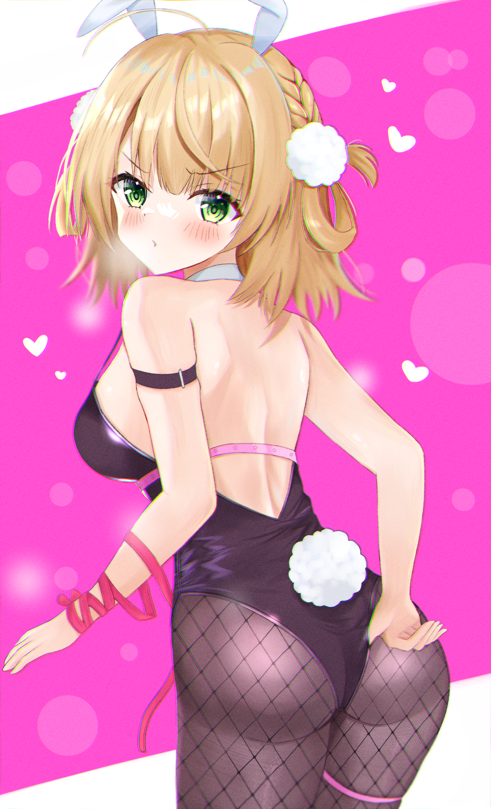 nironiro (qlcfud), shigure ui (vtuber), indie virtual youtuber, rabbit hole (vocaloid), absurdres, highres, 1girl, alternate costume, animal ears, backless leotard, black leotard, black pantyhose, blonde hair, collar, detached collar, fake animal ears, fake tail, fishnet pantyhose, fishnets, green eyes, leotard, looking at viewer, medium hair, pantyhose, playboy bunny, rabbit ears, rabbit tail, solo, tail, virtual youtuber, white collar