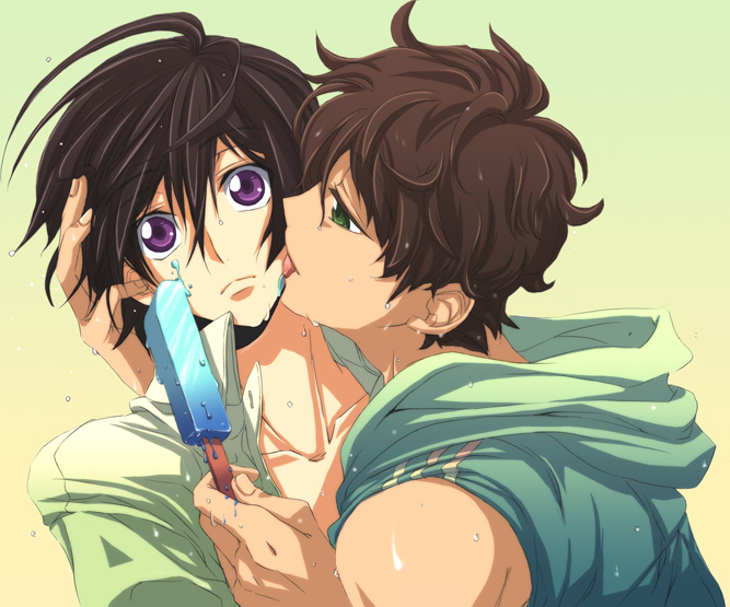 aori (cou), aori ryakko, kururugi suzaku, lelouch vi britannia, code geass, bad id, bad pixiv id, 00s, 2boys, black hair, brown hair, food, gradient background, green eyes, hand on another's head, hood, hoodie, licking, male focus, multiple boys, popsicle, purple eyes, surprised, sweat, tongue, yaoi