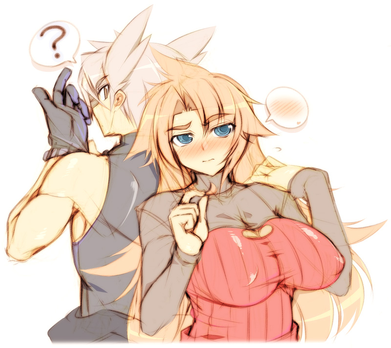 mel/a, armored core, fromsoftware, silver hair, 1boy, 1girl, ?, blush, breasts, gloves, long hair, orange hair, short hair