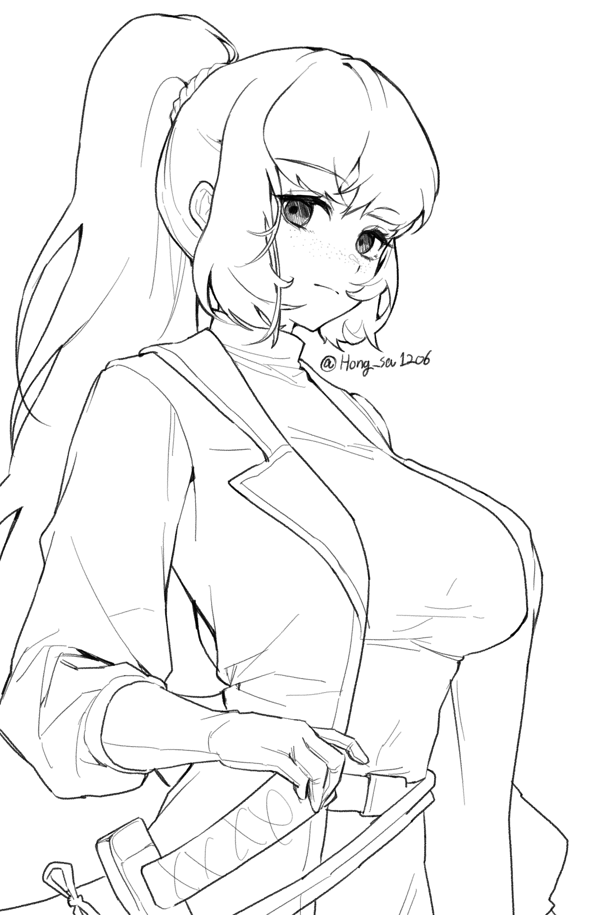 ishmael (project moon), limbus company, project moon, absurdres, highres, belt, breasts, coat, gloves, hand on hilt, high ponytail, hong sa, jeong's office (identity) (project moon), large breasts, light frown, long hair, looking at viewer, monochrome, ponytail, rope, solo, sword, weapon