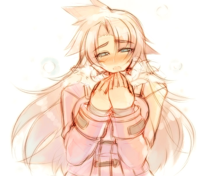 mel/a, 1girl, blush, coat, female focus, long hair, orange hair, snow, solo, standing, white background