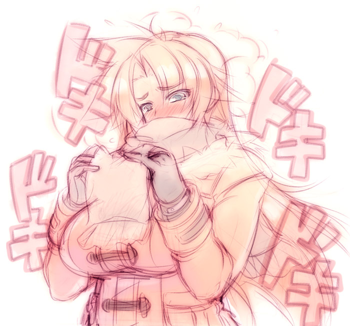 mel/a, 1girl, blue eyes, blush, breasts, coat, female focus, long hair, monochrome, orange hair, scarf, snow, solo, spot color, standing, white background