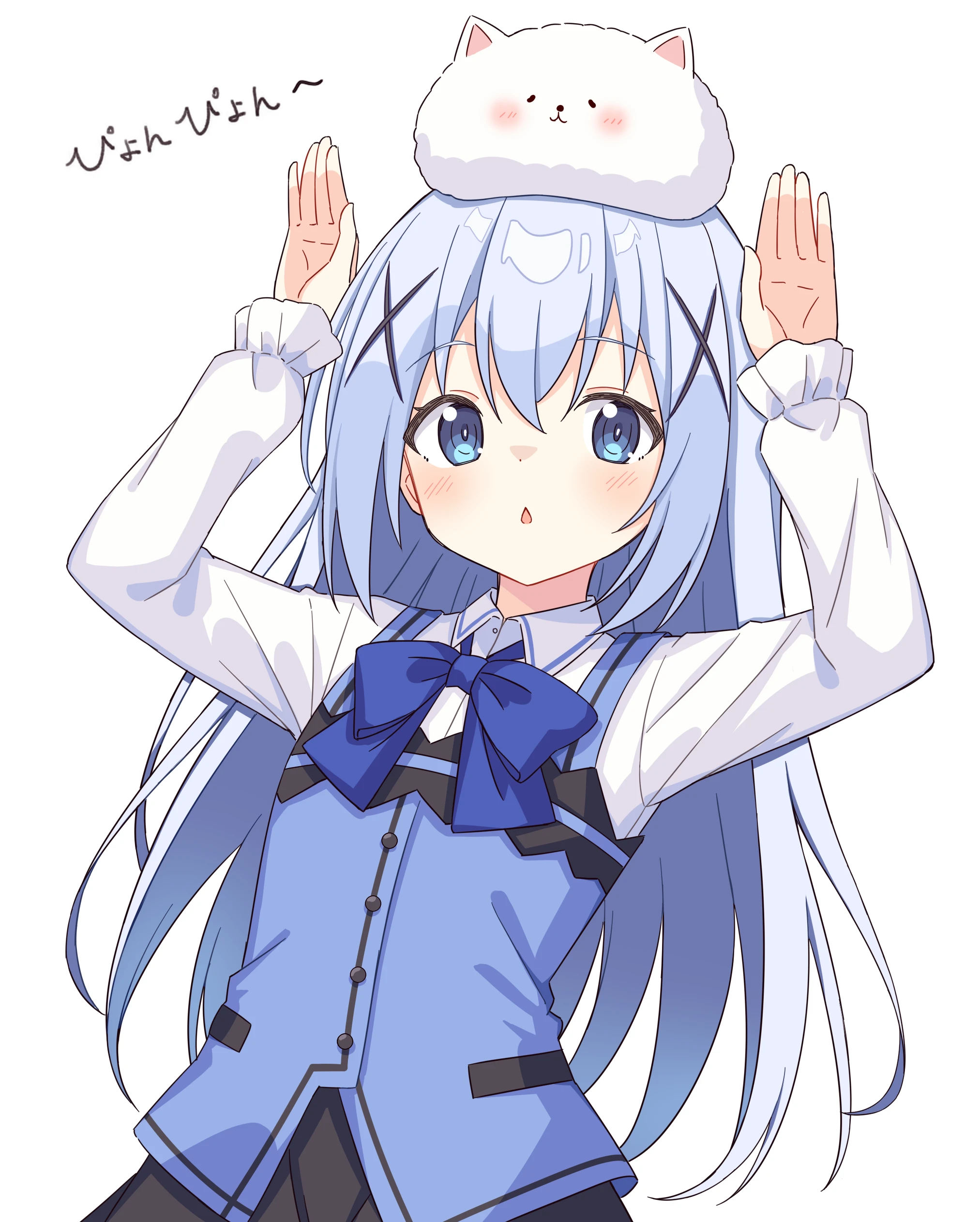 setteiset, kafuu chino, tippy (gochiusa), gochuumon wa usagi desu ka?, absurdres, commentary request, highres, 1girl, angora rabbit, animal, animal on head, arms up, blue bow, blue bowtie, blue eyes, blue hair, blue vest, blush, bow, bowtie, collared shirt, hair ornament, long hair, long sleeves, looking at viewer, on head, open mouth, rabbit, rabbit house uniform, shirt, sidelocks, simple background, solo, upper body, vest, white background, white shirt, x hair ornament