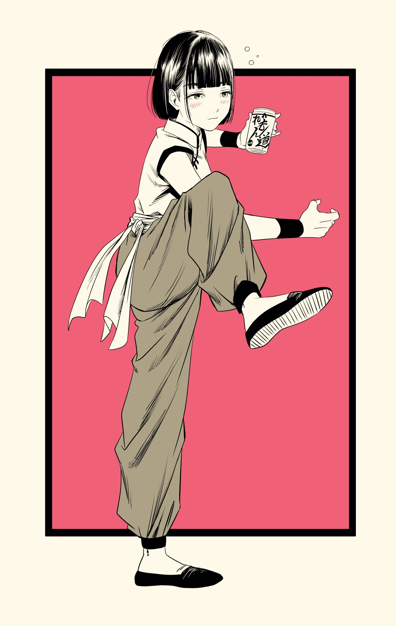 lee (dragon garou), original, commentary request, highres, 1girl, beer can, blush, can, chinese clothes, drink can, drunk, drunken fist, fighting stance, greyscale with colored background, holding, holding can, light smile, red background, sepia, short hair, solo, spot color, squeans, standing, standing on one leg, wavy mouth, wristband
