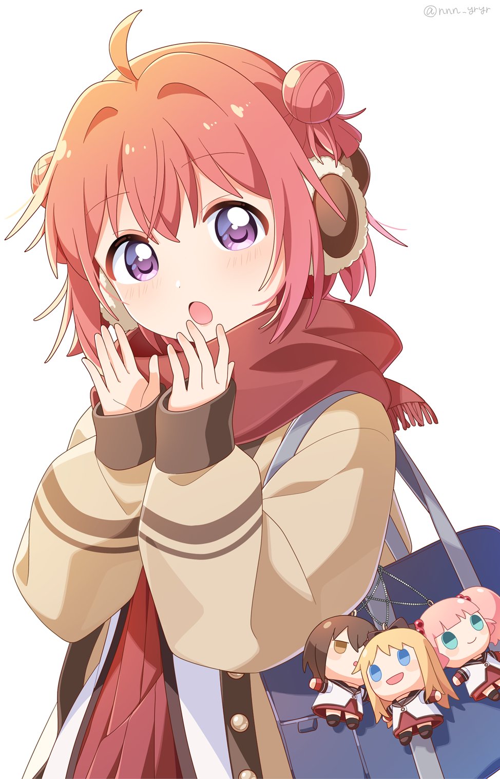 nnn yryr, akaza akari, funami yui, toshinou kyouko, yoshikawa chinatsu, yuruyuri, commentary, highres, symbol-only commentary, 1girl, :o, ahoge, bag, blush, brown coat, character charm, charm (object), coat, double bun, dress, earmuffs, hair bun, hands up, long sleeves, looking at viewer, nanamori school uniform, open clothes, open coat, open mouth, pleated dress, purple eyes, red dress, red hair, school bag, school uniform, short hair, simple background, solo, upper body, white background