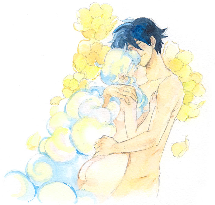 mamekameko, nia teppelin, simon (ttgl), tengen toppa gurren lagann, painting (medium), traditional media, watercolor (medium), 00s, 1boy, 1girl, ass, blue hair, closed eyes, completely nude, couple, happy, hetero, holding, hug, multicolored hair, nude, smile, two-tone hair
