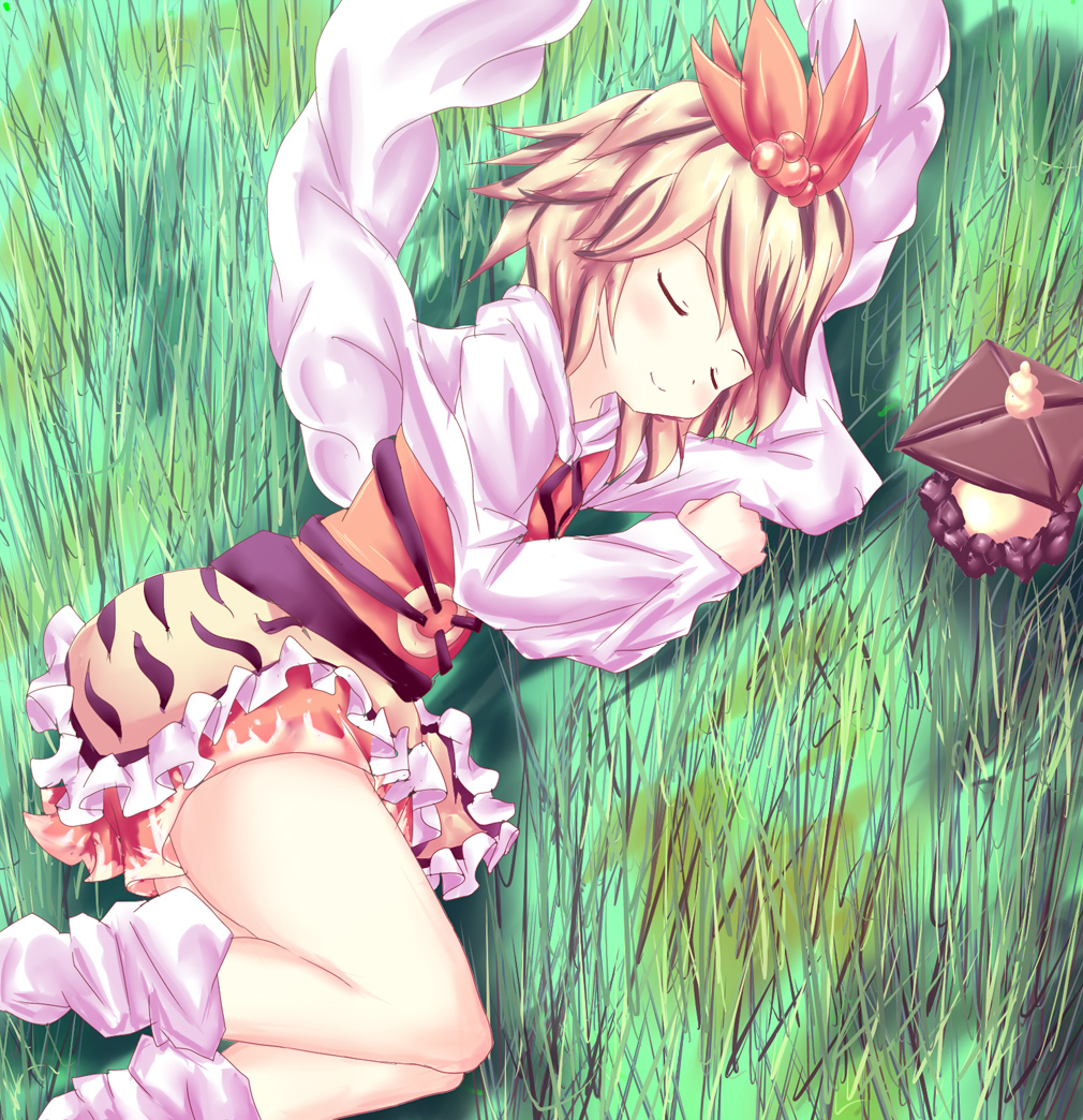 touru tarou, toramaru shou, touhou, artist request, bad id, bad pixiv id, 1girl, animal print, bishamonten's pagoda, blonde hair, female focus, grass, hair ornament, lying, multicolored hair, on side, outdoors, plant, sleeping, solo, tiger print