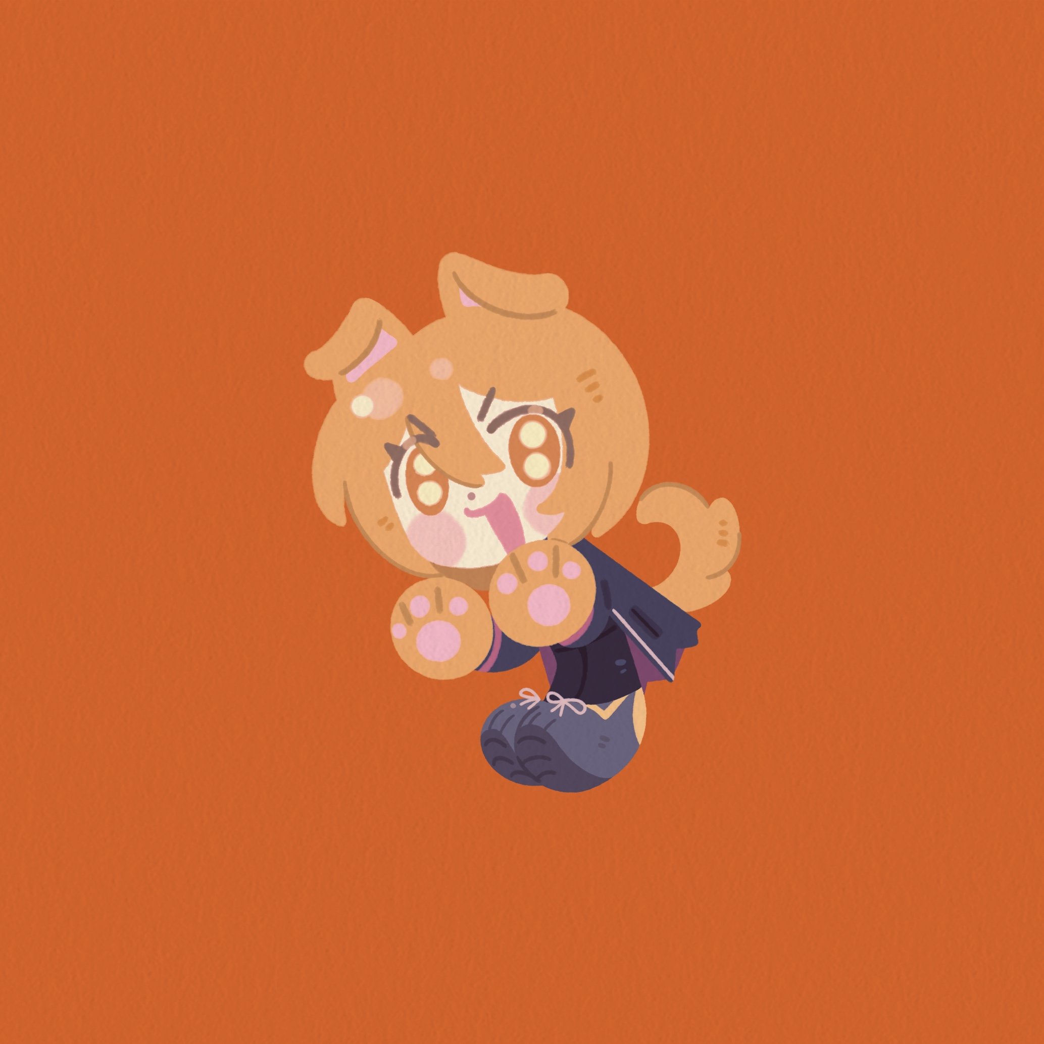 yesheng zong ren, don quixote (project moon), limbus company, project moon, highres, 1girl, animal ears, animal hands, black coat, black pants, black shoes, chibi, coat, dog ears, dog girl, dog tail, looking at viewer, open mouth, orange background, orange eyes, pants, shoes, simple background, smile, solo, tail