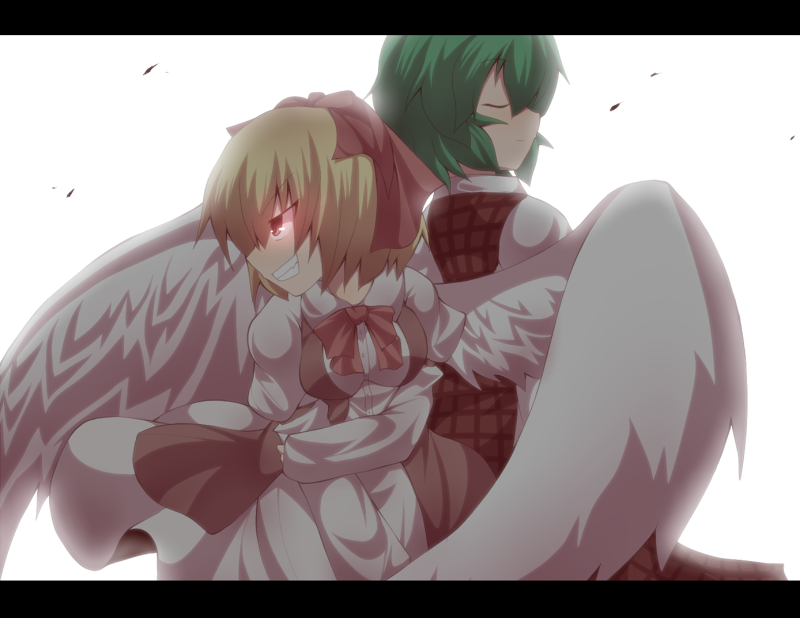 kuromiya, gengetsu (touhou), kazami yuuka, lotus land story, touhou, touhou (pc-98), 2girls, back-to-back, backlighting, blonde hair, bow, closed eyes, demon, female focus, glowing, glowing eyes, green hair, grin, letterboxed, multiple girls, plaid clothes, plaid skirt, plaid vest, red bow, red eyes, short hair, sideways mouth, skirt, skirt set, smile, vest, white background, wings