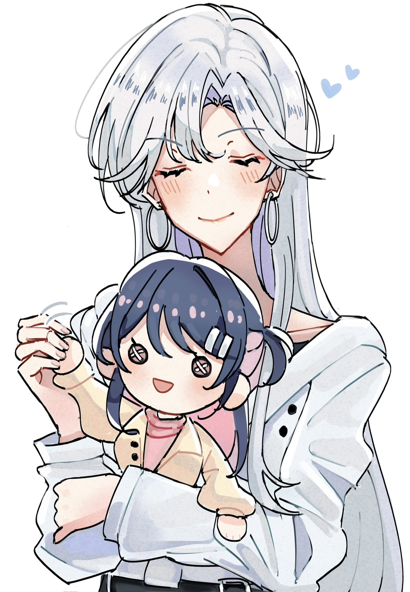 yananeruu, iris wen, selene yan, love curse: find your soulmate, commentary, english commentary, highres, 2girls, blue hair, brown eyes, character doll, closed eyes, doll, earrings, heart, hoop earrings, implied yuri, jewelry, long hair, multicolored hair, multiple girls, pale skin, pink hair, pink nails, silver earrings, simple background, smile, two-tone hair, white background, white hair