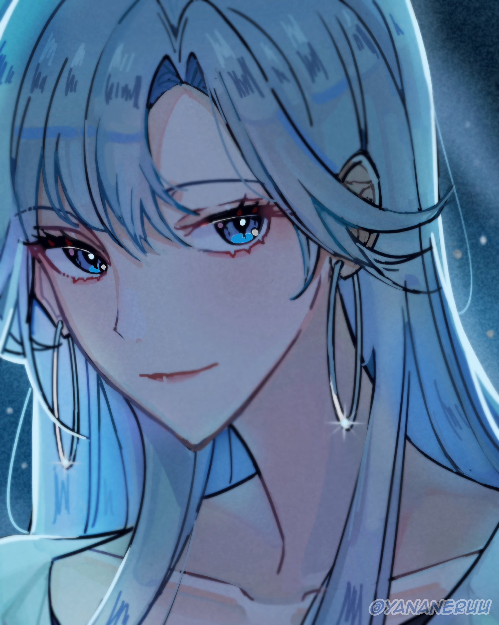 yananeruu, iris wen, love curse: find your soulmate, commentary, english commentary, highres, tagme, artist name, blue background, blue eyes, blue hair, closed mouth, collarbone, earrings, hoop earrings, jewelry, looking at viewer, portrait, smile, twitter username