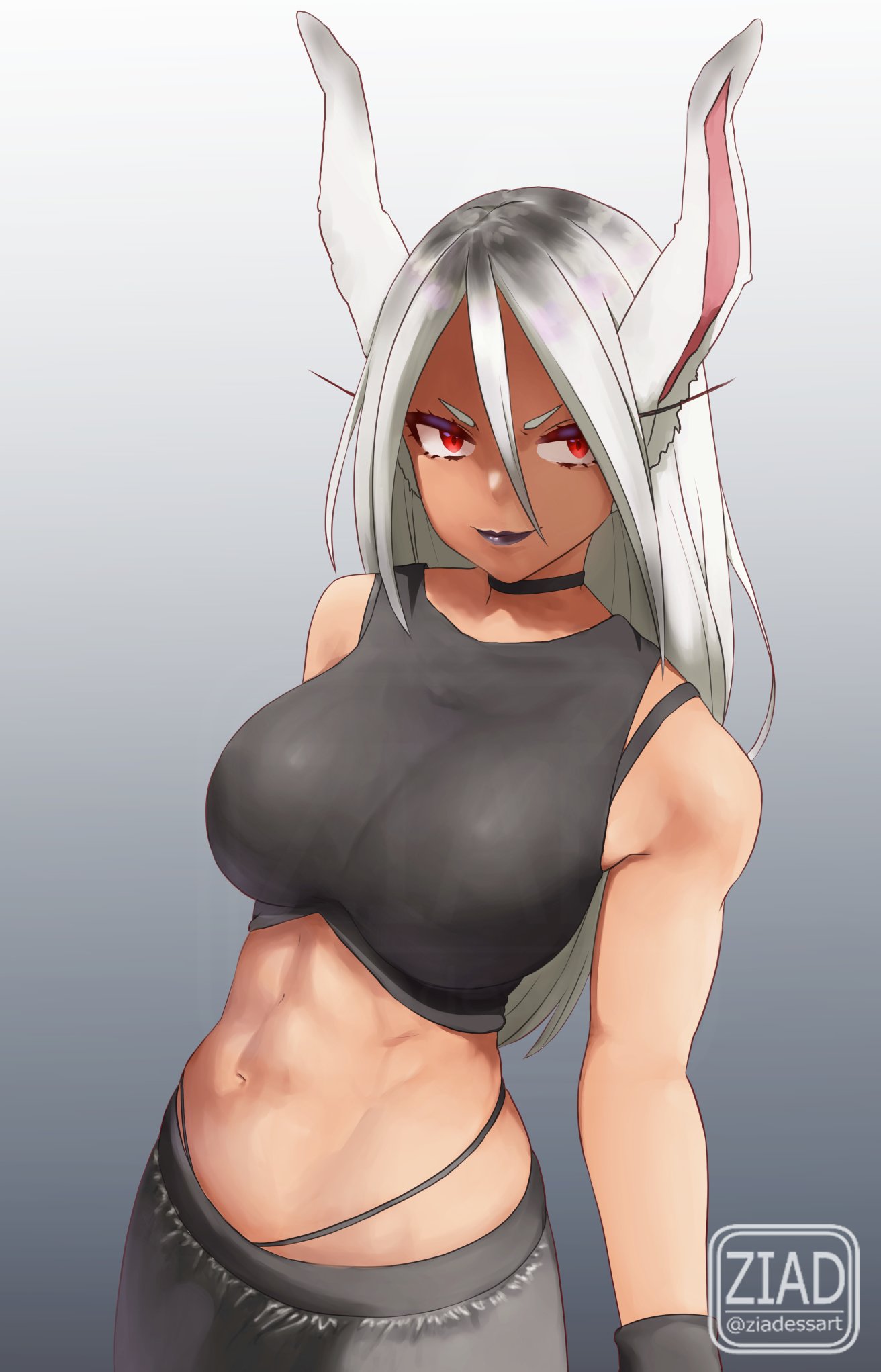 ziadessart, mirko, boku no hero academia, commentary, english commentary, highres, 1girl, animal ears, artist logo, black lips, black shorts, black tank top, breasts, crop top, dark-skinned female, dark skin, gradient background, grey background, hair between eyes, large breasts, lipstick, logo, long hair, looking at viewer, makeup, midriff, navel, rabbit ears, rabbit girl, red eyes, shorts, solo, tank top, toned, toned female, white hair