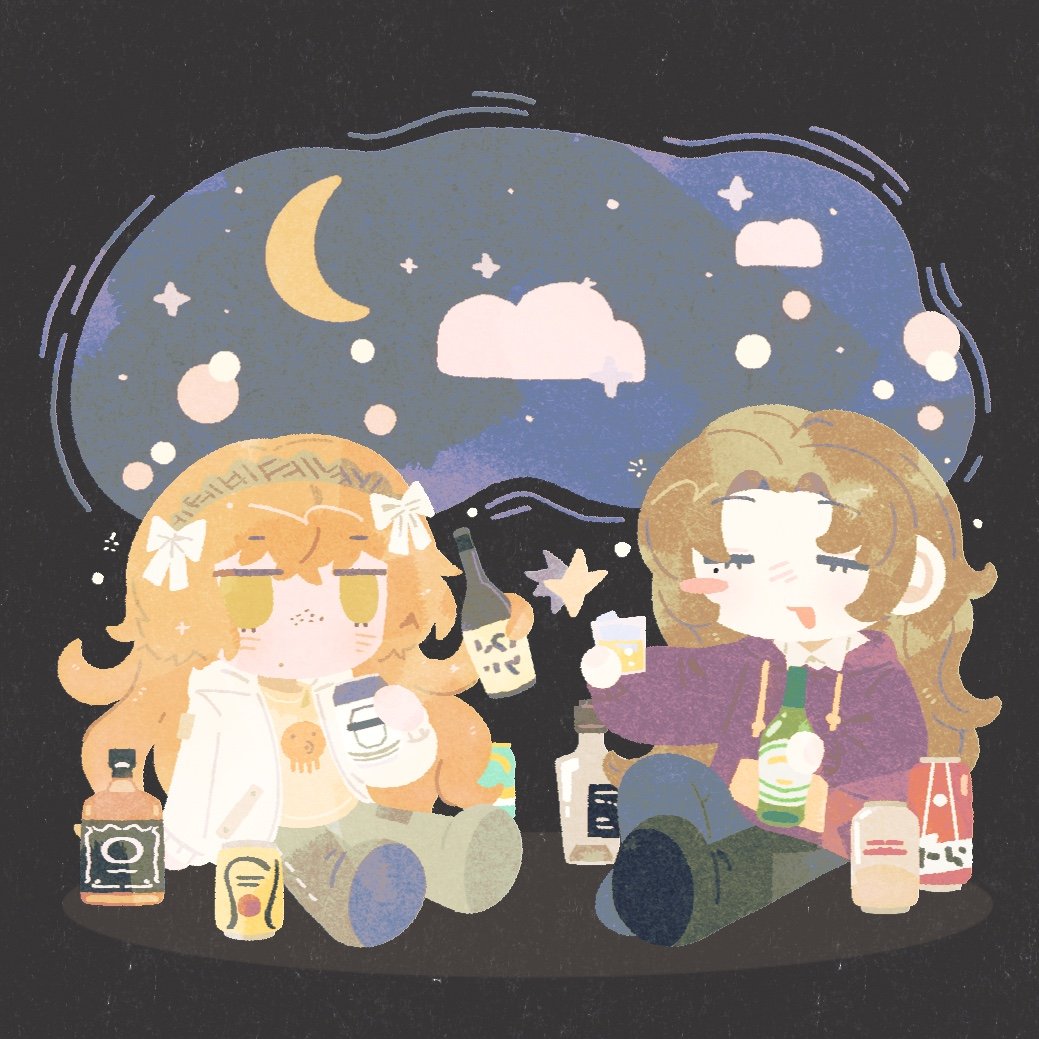 yesheng zong ren, ishmael (project moon), rodion (project moon), asahi breweries, jack daniel's, limbus company, project moon, 2girls, alcohol, beer can, black pants, bottle, bow, brown hairband, can, closed eyes, cloud, crescent, drink can, freckles, hair bow, hairband, hands up, holding, holding bottle, hood, hoodie, jacket, long hair, multiple girls, night, octopus print, open mouth, orange hair, pants, prehensile hair, purple hoodie, rope, sidelocks, sitting, sky, smile, star (sky), starry sky, very long hair, whiskey, white bow, white jacket