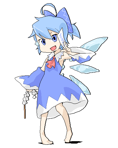poketto, cirno, hakurei reimu, touhou, lowres, armpits, barefoot, blue eyes, blue hair, bow, cosplay, detached sleeves, gohei, hair bow, hakurei reimu (cosplay), japanese clothes, miko, short hair, solo, wings