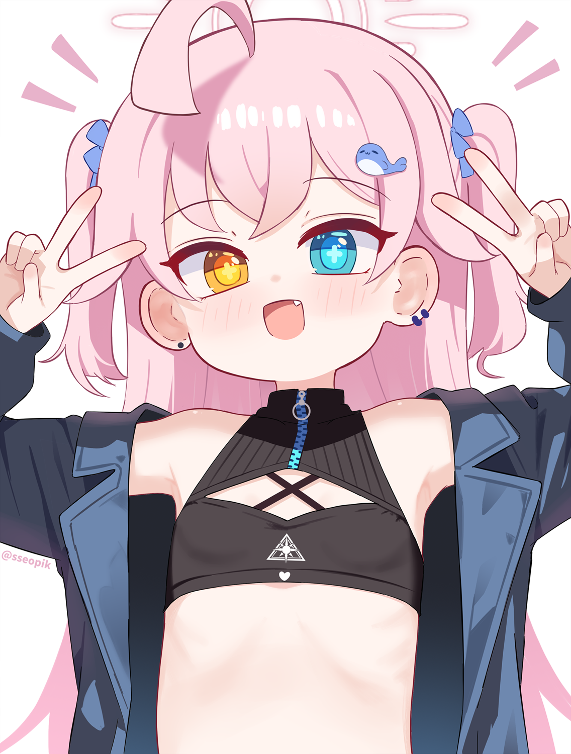sseopik, hoshino (blue archive), blue archive, commentary, highres, 1boy, 1girl, :d, ahoge, black jacket, blue eyes, blush, double v, ear piercing, fang, halo, heterochromia, jacket, long hair, looking at viewer, open mouth, piercing, pink hair, pink halo, simple background, smile, twintails, v, white background, yellow eyes