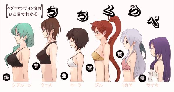 hanakago, jill (fire emblem), laura (fire emblem), micaiah (fire emblem), sanaki kirsch altina, sigrun (fire emblem), tanith (fire emblem), fire emblem, fire emblem: radiant dawn, nintendo, silver hair, 6+girls, angry, black hair, blue hair, bra, breasts, brown hair, bust chart, chart, comparison, green hair, large breasts, lingerie, long hair, medium breasts, multiple girls, purple hair, red hair, short hair, sideboob, small breasts, underwear, very long hair