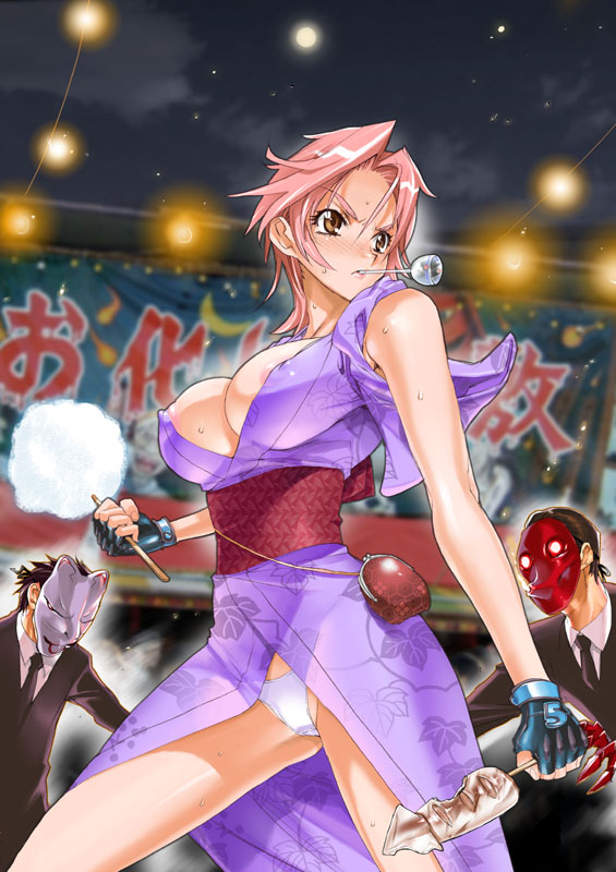 satou shouji, blush, breasts, cleavage, food, japanese clothes, nipples, panties, underwear