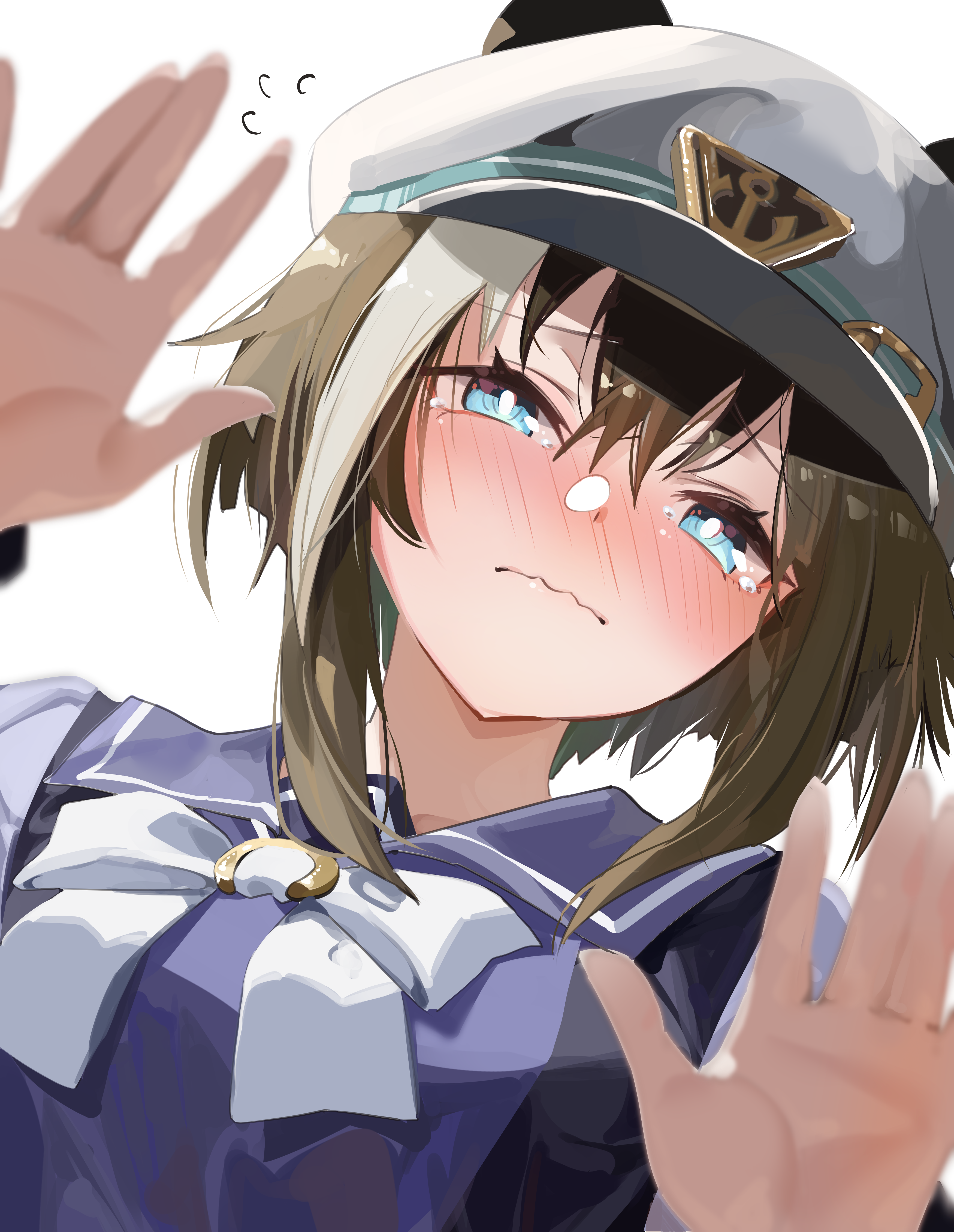 yoojp, cheval grand (umamusume), umamusume, absurdres, highres, 1girl, animal ears, blue eyes, blush, bow, bowtie, breasts, brown hair, close-up, closed mouth, ear covers, ear ornament, ears through headwear, hair between eyes, hat, hat belt, horse ears, horse girl, looking at viewer, medium hair, multicolored hair, peaked cap, purple sailor collar, purple serafuku, purple shirt, sailor collar, sailor shirt, school uniform, serafuku, shirt, simple background, solo, streaked hair, tearing up, tracen school uniform, upper body, white background, white bow, white bowtie, white hair, white hat