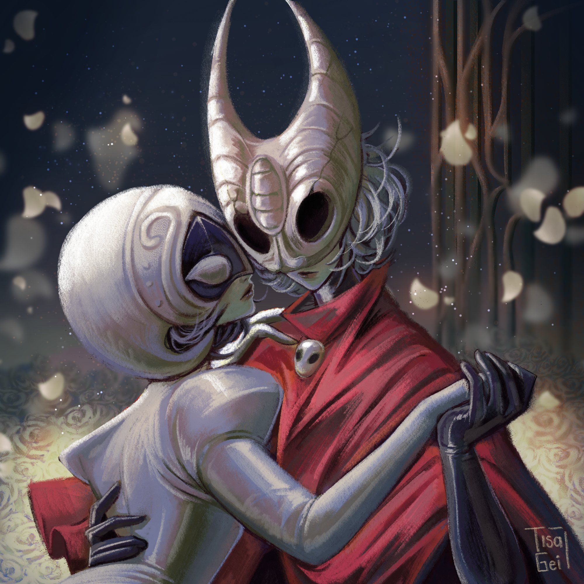 hornet (hollow knight), lace (hollow knight), hollow knight, hollow knight: silksong, highres, 2girls, breasts, cloak, dancing, giselle57325193, hollow eyes, horned mask, humanization, mask, multiple girls, red cloak, white mask, yuri