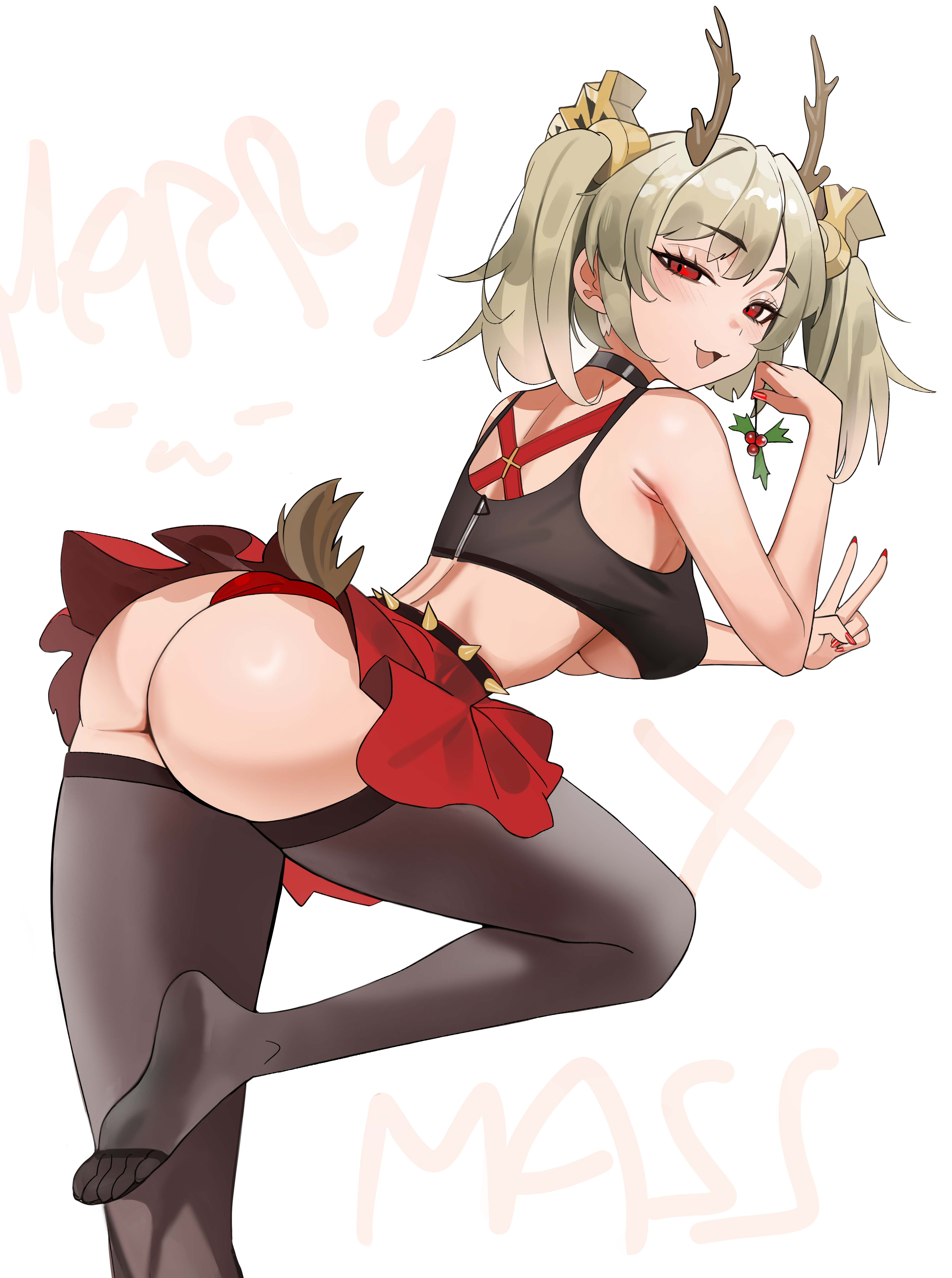 kiritzugu, burnice white, zenless zone zero, absurdres, highres, 1girl, :3, :d, antlers, ass, bent over, black choker, black shirt, blonde hair, breasts, choker, cleavage, crop top, deer tail, grey thighhighs, holding, holding mistletoe, horns, large breasts, miniskirt, mistletoe, no shoes, open mouth, panties, red eyes, red nails, red panties, red skirt, reindeer antlers, shirt, skirt, smile, solo, spiked belt, standing, standing on one leg, tail, thighhighs, twintails, underboob, underwear, v
