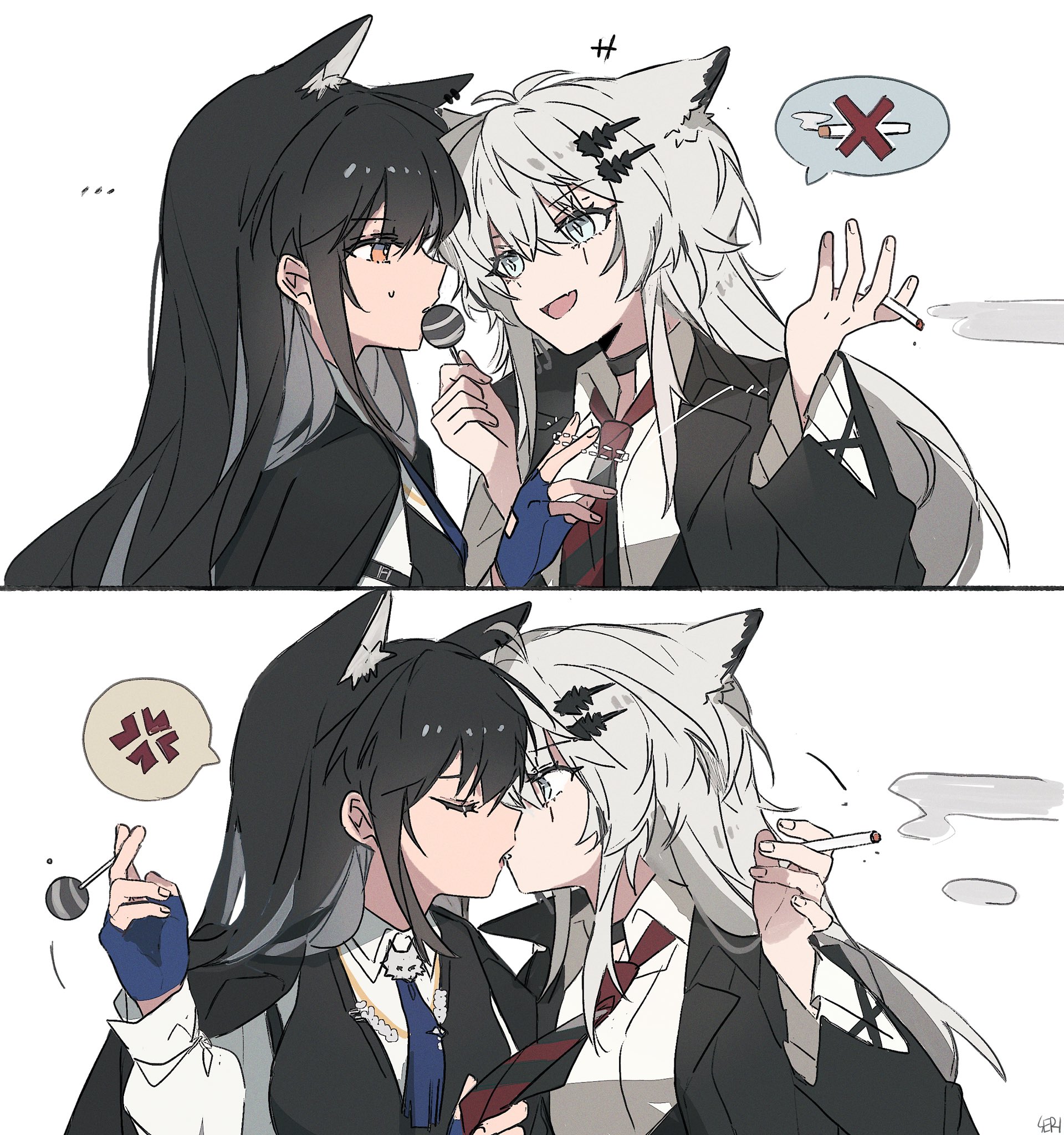 seri (vyrlw), lappland (arknights), texas (arknights), arknights, commentary, highres, symbol-only commentary, 2girls, animal ears, black hair, black jacket, black vest, blue gloves, candy, cigarette, fingerless gloves, food, gloves, grey eyes, holding, holding candy, holding cigarette, holding food, holding lollipop, jacket, kiss, lollipop, long hair, multiple girls, necktie, open mouth, orange eyes, red necktie, scar, scar across eye, scar on face, simple background, smile, striped necktie, suit jacket, sweat, vest, white-framed eyewear, white background, white hair, wolf ears, yuri