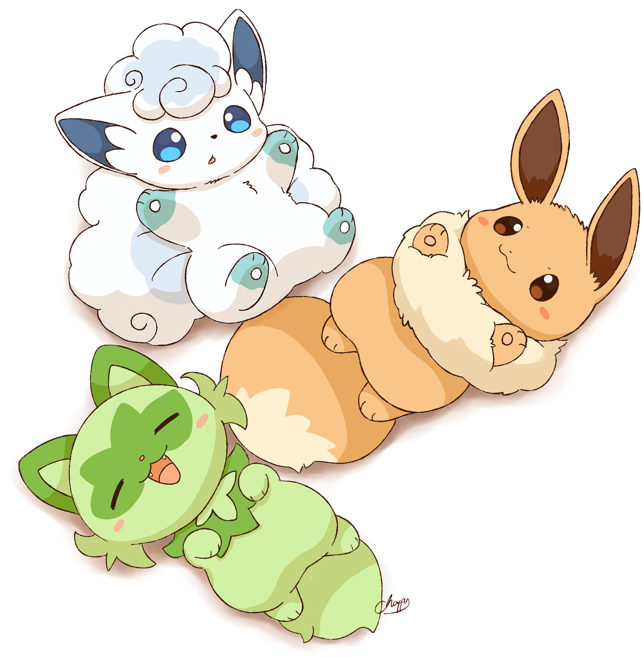 mimix, alolan vulpix, eevee, sprigatito, nintendo, pokemon, commentary request, highres, :3, :d, alolan form, blue eyes, blush stickers, brown eyes, closed eyes, closed mouth, fangs, gen 1 pokemon, gen 7 pokemon, lying, no humans, on back, open mouth, pokemon (creature), pokemon focus, simple background, smile, white background
